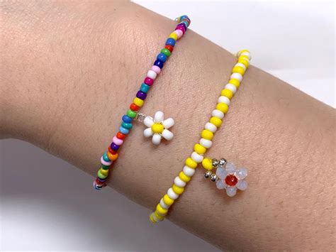 Flower Bead Bracelet With Stretchable Band Minimalist Customizable