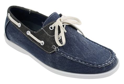 Mens Denim Canvas Retro Laced Moccasin Boat Deck Shoes Washed Navy Beige Happy Gentleman