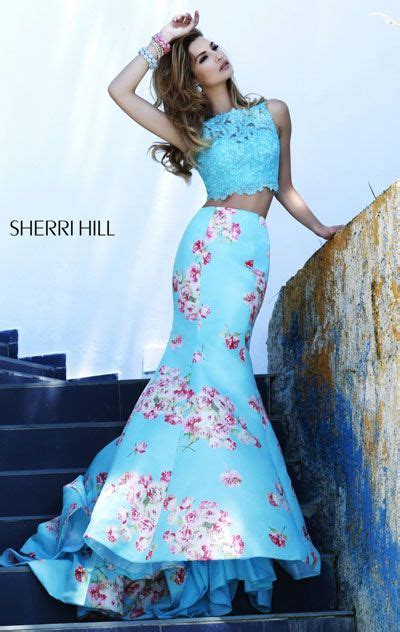 Two Piece Sherri Hill 32073 Beaded 2015 Light Blue Print Lace Long Bodice Prom Floral Print