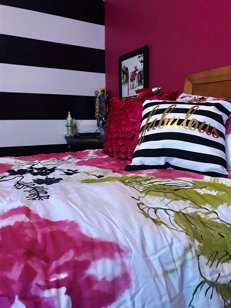 Teen Girls Bedroom Black And White Striped Accent Wall And Gypsy Pink