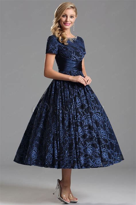 Short Sleeves V Back Blue Tea Length Party Dress X04151405 Summer Fashion Dresses Tea