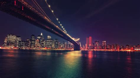 New York City Cityscape Usa Night Brooklyn Bridge Landscape Neon