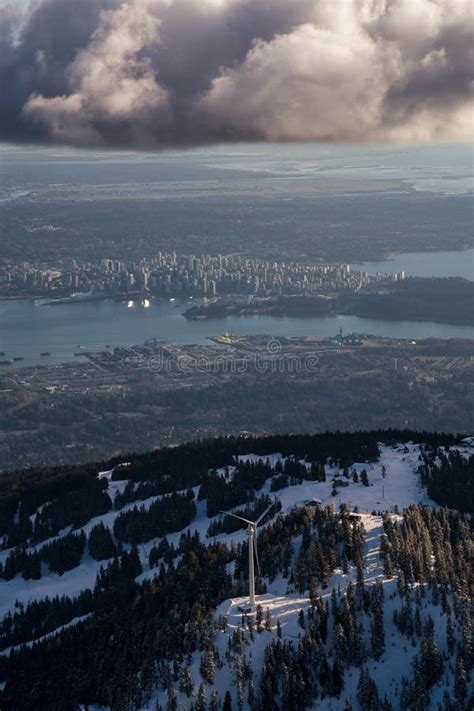 Grouse Mountain With Vancouver Downtown In Background Stock Photo