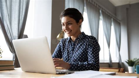 Happy Young Indian Female Busy Working On Laptop Stock Image Image Of