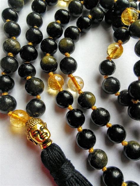 Gold Obsidian Citrine Knotted Mala Bead Necklace Black Gold Etsy