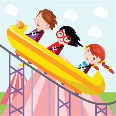 Kids Ride Roller Coasters Cartoon Illustration Cartoon Illustration