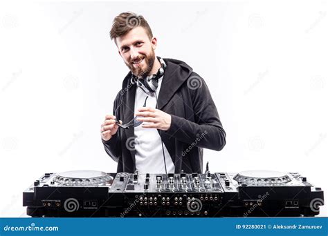 Trendy Male Dj Posing Against Mixing Console Stock Image Image Of