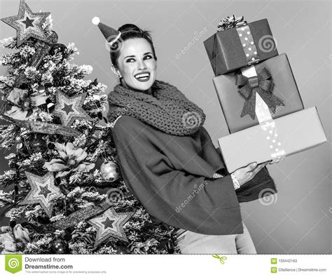 Woman With Pile Of Christmas Present Boxes Stock Image Image Of Black Look 105442163