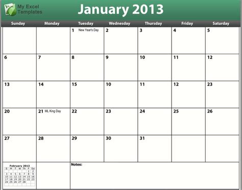 January 2013 Calendar