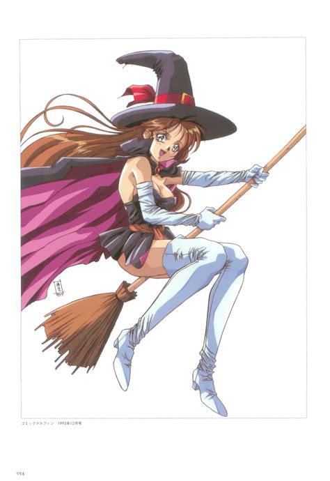 umetsu yukinori original highres 1990s style 1girl black eyes boots breasts broom