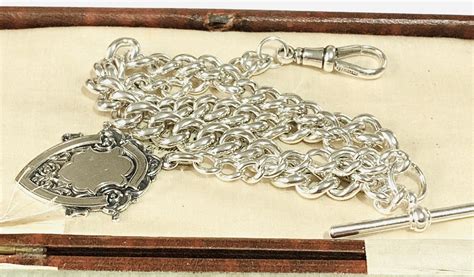 Superb Antique Sterling Silver Graduated Albert Pocket Watch Chain And Fob