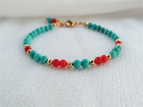 Turquoise Bracelet Beaded Bracelet Turquoise And Coral Etsy Beads