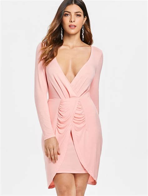 Kenancy Elegant Pink Long Sleeves Women Bodycon Dress Sexy V Neck Low Cut Ruched Party Dress