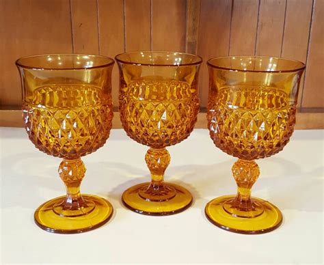 Vintage Amber Glass Diamond Cut Goblets