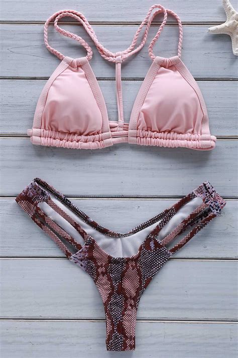 Impreso Trenzado Cabestro Conjunto Del Bikini Pink Trajes De Bikini