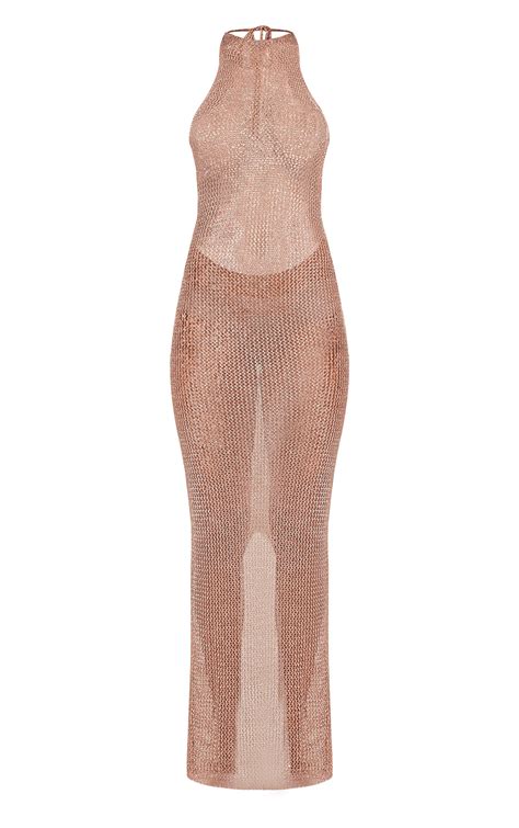 Sahara Sheer Bronze Metallic Knitted Maxi Dress Prettylittlething