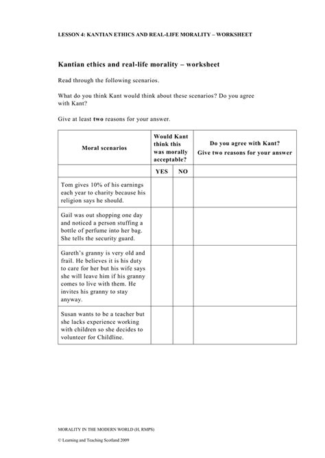 Kantian Ethics And Real Life Morality Worksheet