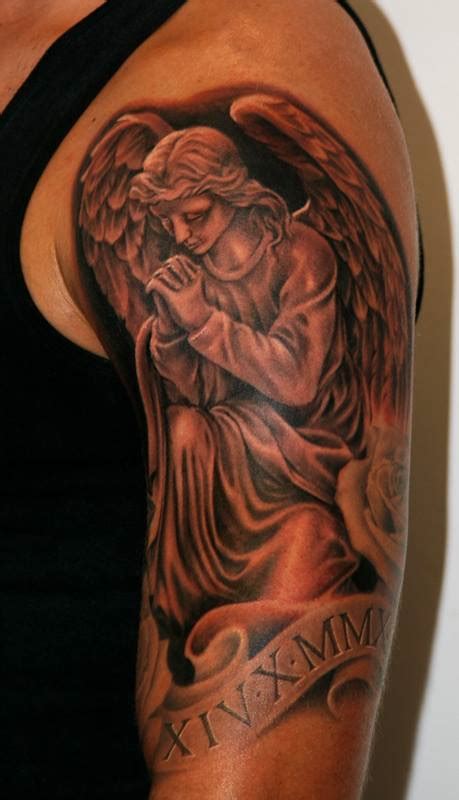 Amazing Black And Grey Ink Praying Guardian Angel Tattoo On