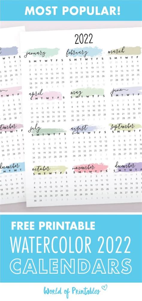 Printable Calendar 2022 One Page With Holidays Single Watercolor One