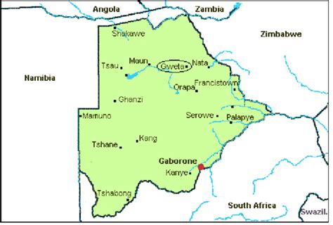 Zonsopkomst, zonsondergang, daglengte, en zonnetijd voor kasane. Map of Botswana showing the location of the 2015 ...