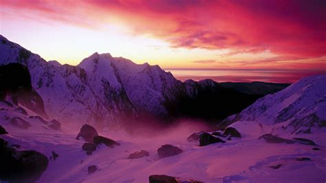 Winter Mountain Sunset Hd Wallpaper Background Image