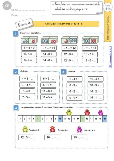 Fiches imprimables gratuites en mathématiques : CP:NUMERATION CALCUL.Calcul sur les nombres jusqu'à 15