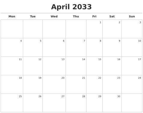 April 2033 Calendar Maker