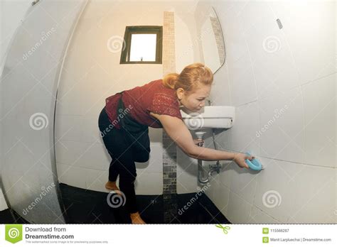 Asian Maid Or Housekeeper Cleaning On Toilet Stock Image Image Of