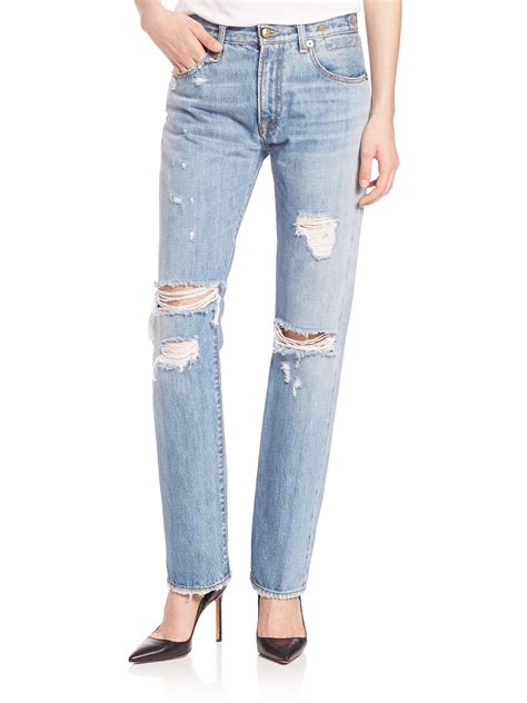 R13 High Rise Distressed Straight Leg Jeans In Blue Lyst