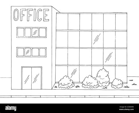 Office Building Exterior Front View Graphic Black White Sketch