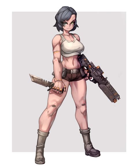 Safebooru 1girl Ammunition Pouch Assault Rifle Belt Black Hair Boots Cyborg Dual Wielding