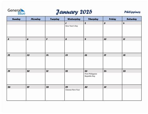 January 2025 Monthly Calendar Template With Holidays For Philippines