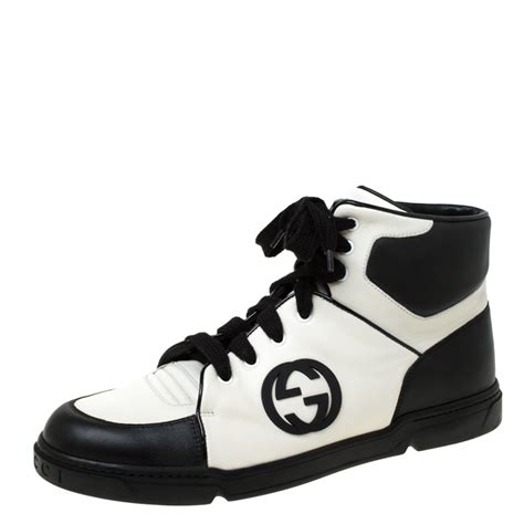 Pre Owned Gucci Blackwhite Gg Interlocking Leather Lace Up High Top