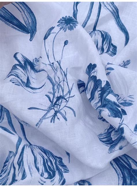 Thick 100 Linen Blue And White Floral Linen Fabric 12 Yard Etsy
