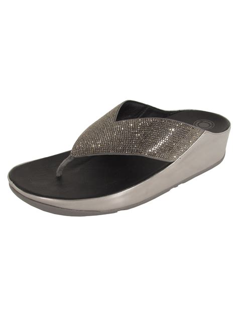 Fitflop Womens Crystall Rhinestone Wedge Sandal Shoes Metallic Pewter