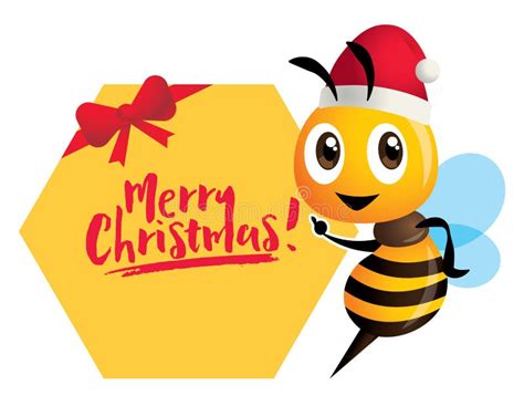 Merry Christmas Cartoon Cute Bee Pointing To Honeycomb Signboard With