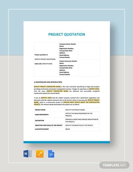 Project Quotation Template 10 Free Samples Examples Format Downlaod