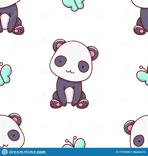 Simple Seamless Pattern Cute Kawaii Hand Drawn Panda Doodles Stock