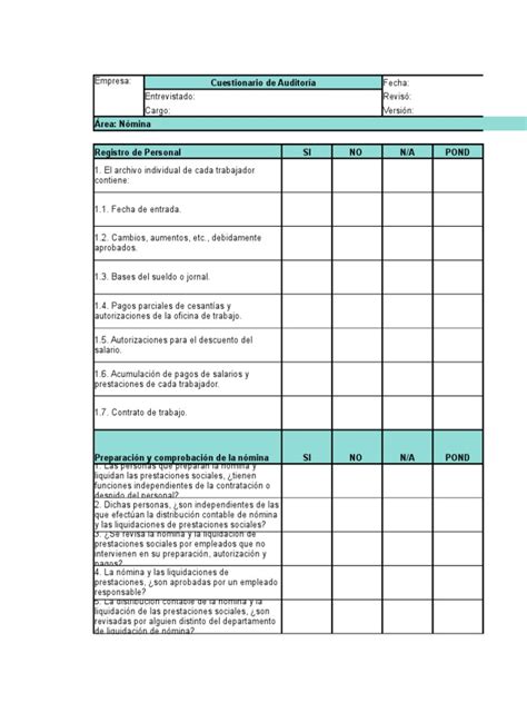 Plantilla De Cuestionario De Auditoria Para Nomina 1 Xls Salario Photos