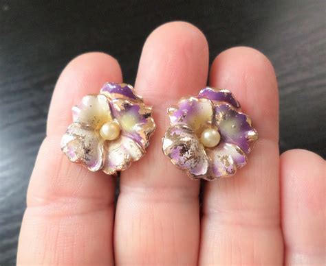 Vintage Gold Plated And Faux Pearl Enamel Flower Earrings Set By