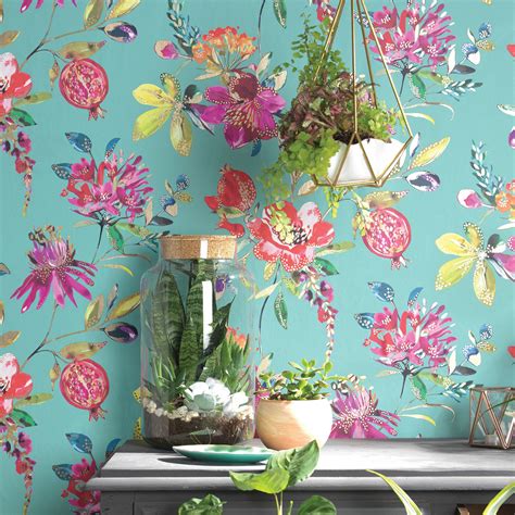 Holden Melgrano Floral Wallpaper Teal Pink Heather