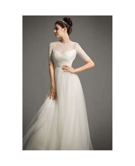 flowy beach wedding dress empire scoop neck floor length tulle with appliques lace tz003 183