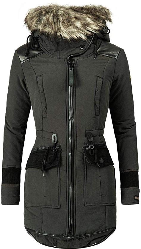khujo Damen Wintermantel Winterparka mit Kapuze Retro Bugs Schwarz018