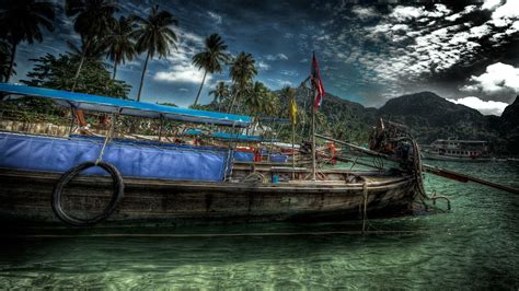 Hdr Boat Palm Trees Island Clouds Wallpapers Hd Desktop And