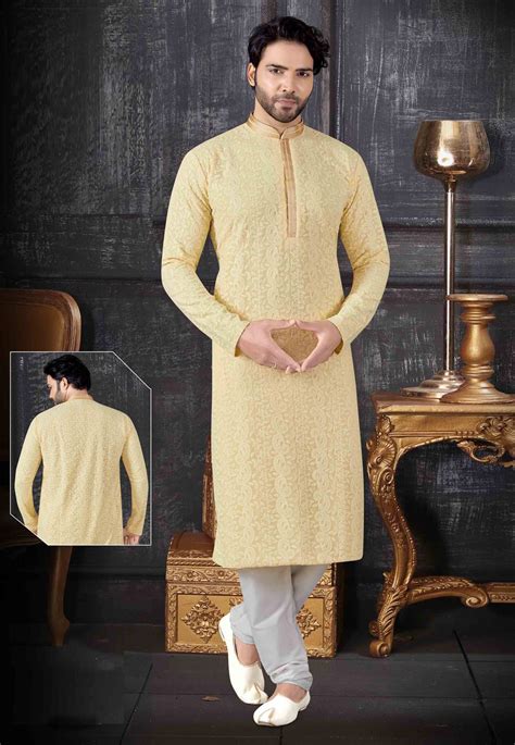 Yellow Chikan Readymade Kurta Pajama 199153 Wedding Kurta For Men Haldi Dress Silk Bottoms