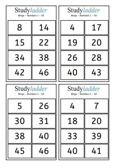 Bingo Numbers 1 50 Game Cards Studyladder Interactive Learning