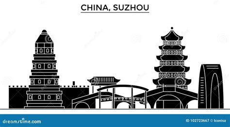 China Suzhou Architecture Urban Skyline With Landmarks Cartoon Vector