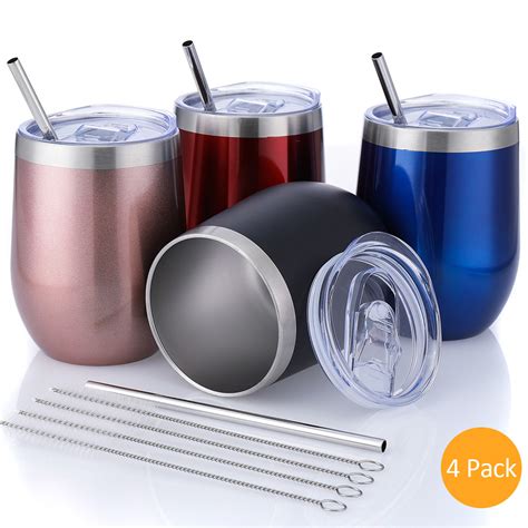 Stainless Steel Wine Glass With Straws Set Insulated Wine Tumbler Oz Stemless Wine Glasses