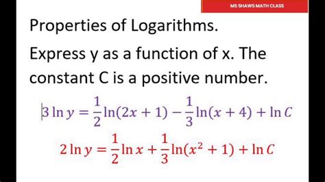 Express Y As A Function Of X Properties Of Logarithms3 Ln Y 12 Ln
