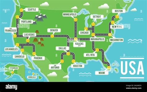Cartoon vector map of USA. Travel illustration with american main